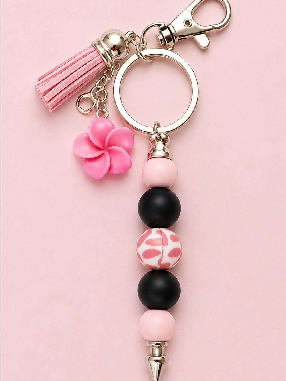 Pink Floral Cow Print Tassel Beaded Keychain - Women's Accessory
